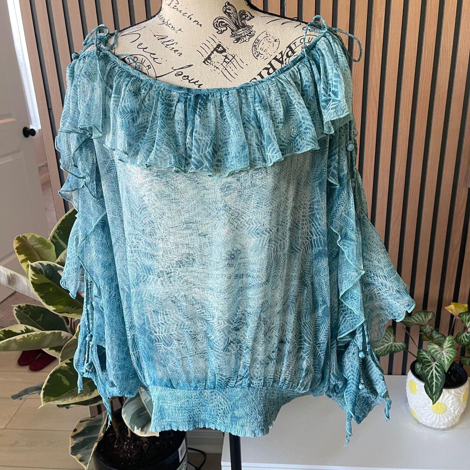 Ya Women's M Teal Blue Sheer Off Shoulder Ruffle Long Sleeve Blouse Top